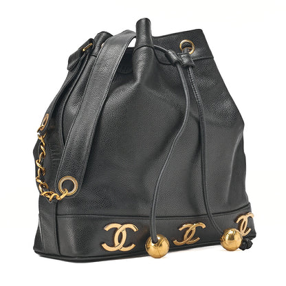 CHANEL Chain Shoulder Bag Caviar Skin Triple Coco Drawstring Ball Charm Black Gold-Tone Hardware, Pre-Owned