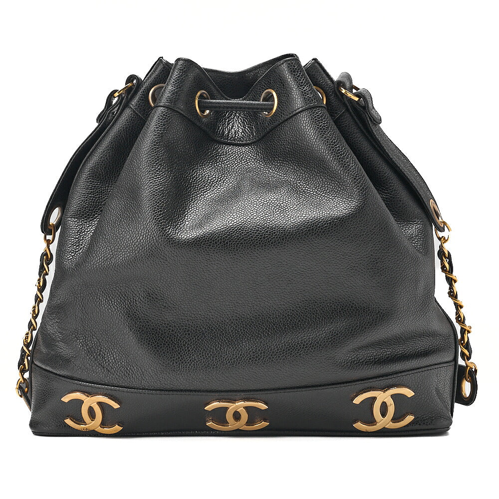 CHANEL Chain Shoulder Bag Caviar Skin Triple Coco Drawstring Ball Charm Black Gold-Tone Hardware, Pre-Owned