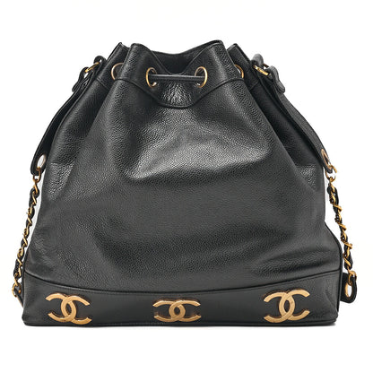 CHANEL Chain Shoulder Bag Caviar Skin Triple Coco Drawstring Ball Charm Black Gold-Tone Hardware, Pre-Owned