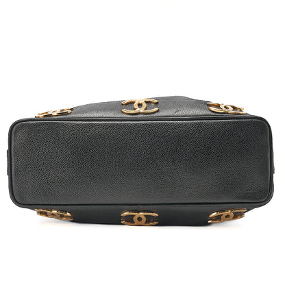 CHANEL Chain Shoulder Bag Caviar Skin Triple Coco Drawstring Ball Charm Black Gold-Tone Hardware, Pre-Owned