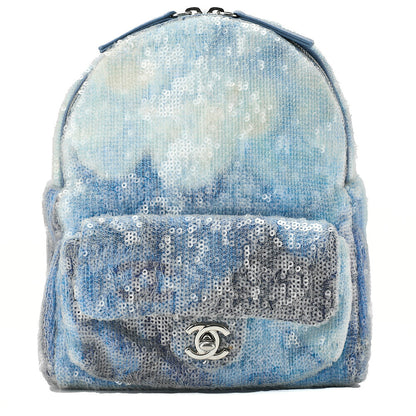 CHANEL Sequin Coco Mark Chain Backpack Blue Multicolor Silver-Tone Hardware, Pre-Owned