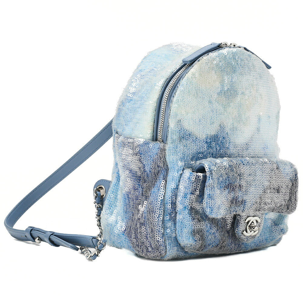 CHANEL Sequin Coco Mark Chain Backpack Blue Multicolor Silver-Tone Hardware, Pre-Owned