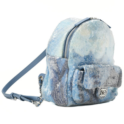 CHANEL Sequin Coco Mark Chain Backpack Blue Multicolor Silver-Tone Hardware, Pre-Owned