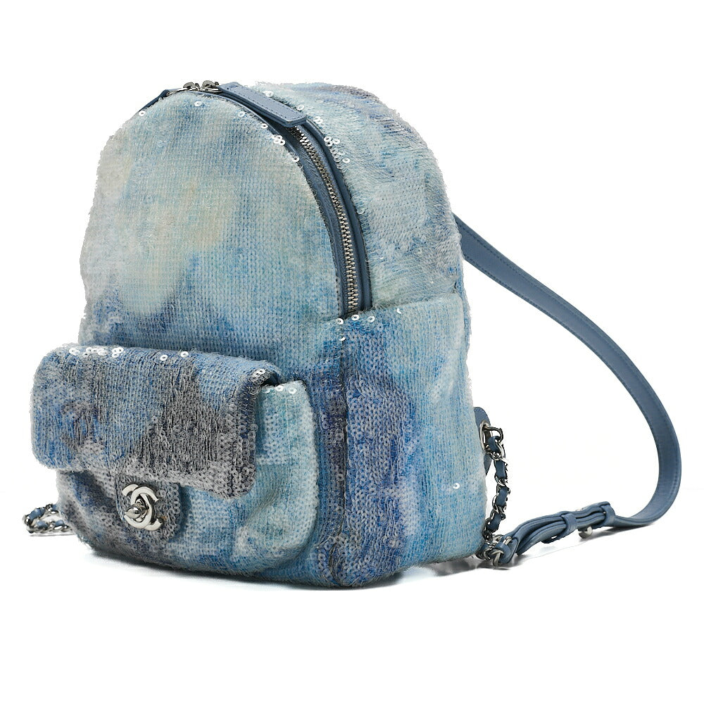 CHANEL Sequin Coco Mark Chain Backpack Blue Multicolor Silver-Tone Hardware, Pre-Owned