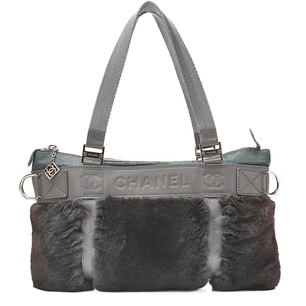 CHANEL Coco Mark Sports Line Tote Bag Lambskin x Fur x Canvas Green Silver-Tone Hardware, Pre-Owned