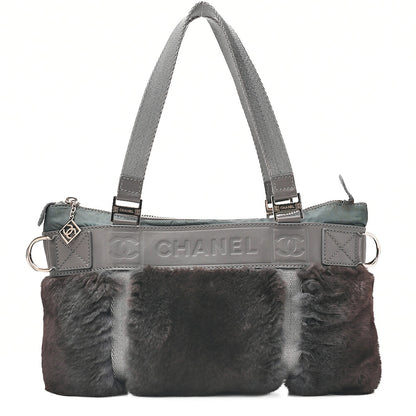 CHANEL Coco Mark Sports Line Tote Bag Lambskin x Fur x Canvas Green Silver-Tone Hardware, Pre-Owned