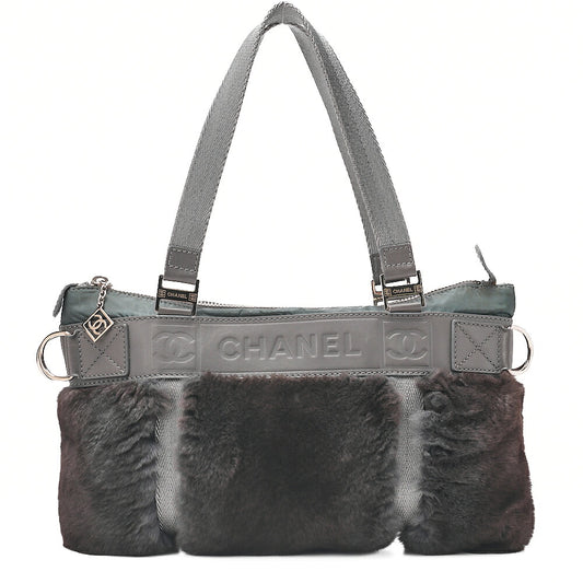 CHANEL Coco Mark Sports Line Tote Bag Lambskin x Fur x Canvas Green Silver-Tone Hardware, Pre-Owned