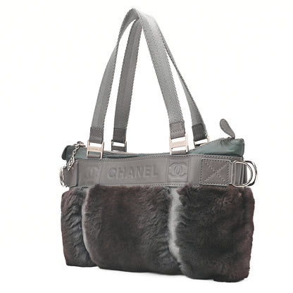 CHANEL Coco Mark Sports Line Tote Bag Lambskin x Fur x Canvas Green Silver-Tone Hardware, Pre-Owned