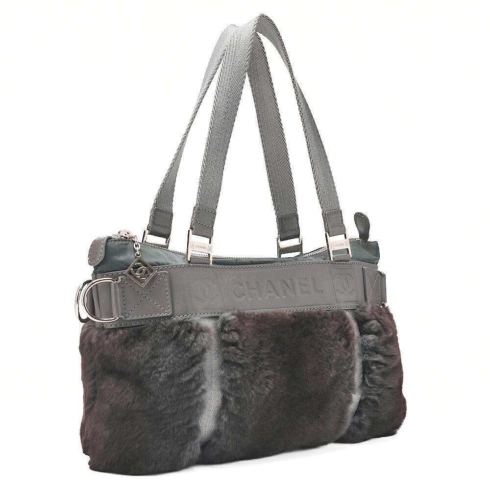 CHANEL Coco Mark Sports Line Tote Bag Lambskin x Fur x Canvas Green Silver-Tone Hardware, Pre-Owned