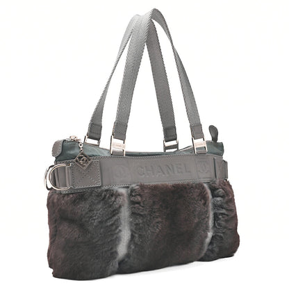 CHANEL Coco Mark Sports Line Tote Bag Lambskin x Fur x Canvas Green Silver-Tone Hardware, Pre-Owned