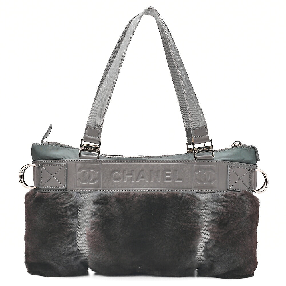 CHANEL Coco Mark Sports Line Tote Bag Lambskin x Fur x Canvas Green Silver-Tone Hardware, Pre-Owned