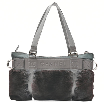 CHANEL Coco Mark Sports Line Tote Bag Lambskin x Fur x Canvas Green Silver-Tone Hardware, Pre-Owned