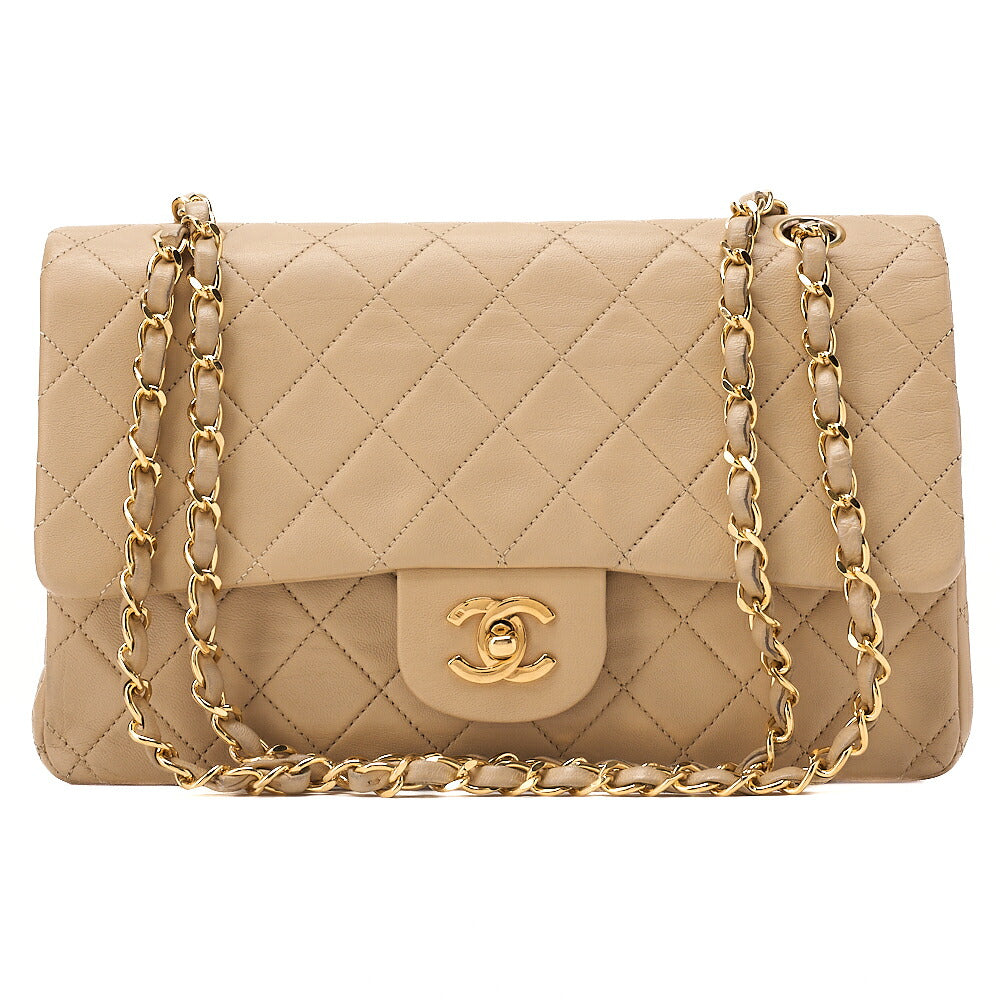 CHANEL Shoulder Bag Matelasse Double Flap 25cm Chain Shoulder Lambskin Beige Gold-Tone Hardware, Pre-Owned