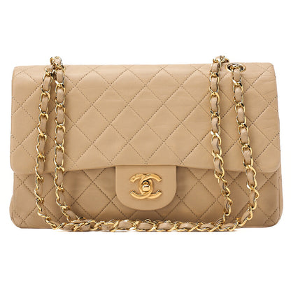 CHANEL Shoulder Bag Matelasse Double Flap 25cm Chain Shoulder Lambskin Beige Gold-Tone Hardware, Pre-Owned