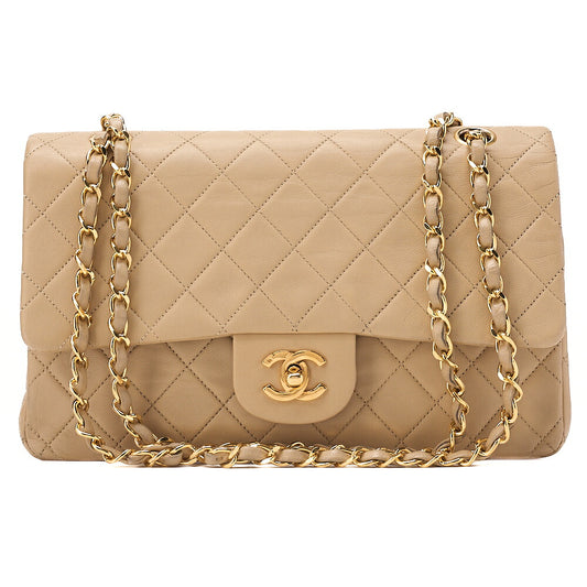 CHANEL Shoulder Bag Matelasse Double Flap 25cm Chain Shoulder Lambskin Beige Gold-Tone Hardware, Pre-Owned