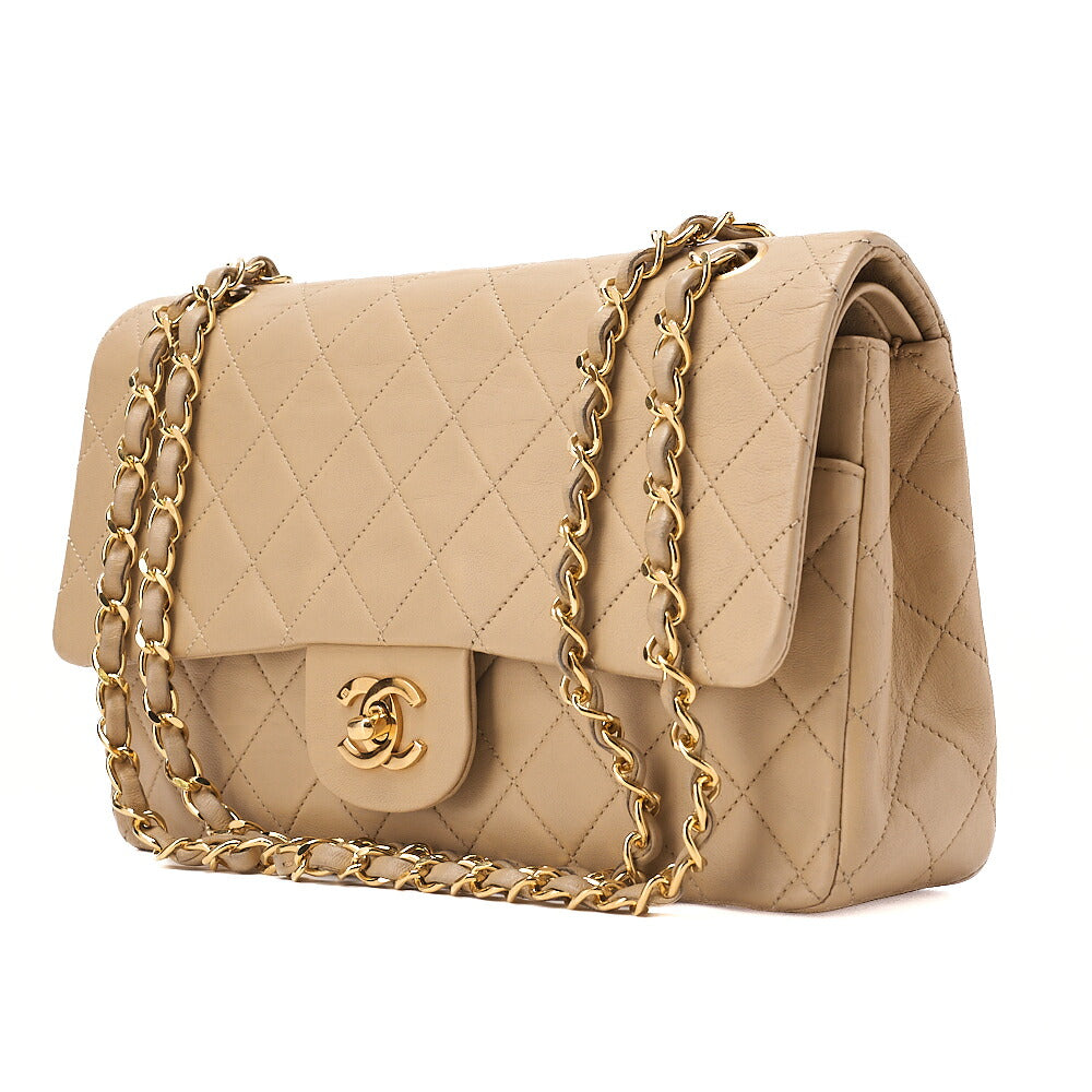 CHANEL Shoulder Bag Matelasse Double Flap 25cm Chain Shoulder Lambskin Beige Gold-Tone Hardware, Pre-Owned