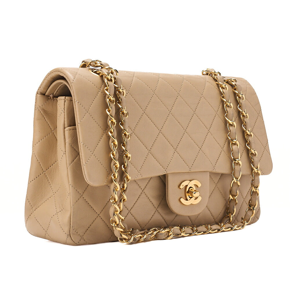 CHANEL Shoulder Bag Matelasse Double Flap 25cm Chain Shoulder Lambskin Beige Gold-Tone Hardware, Pre-Owned