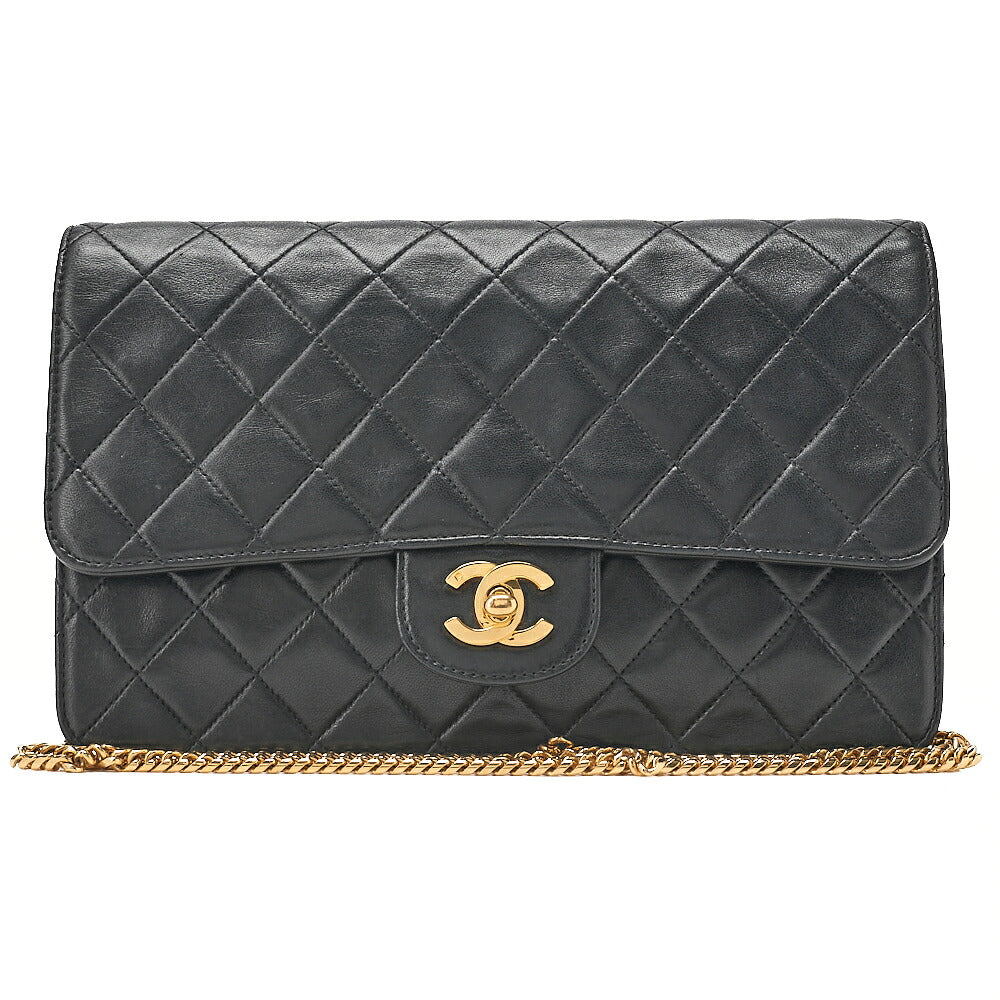 CHANEL Lambskin Matelasse 25cm Single Flap Grain Chain Shoulder Black Gold-Tone Hardware, Pre-Owned