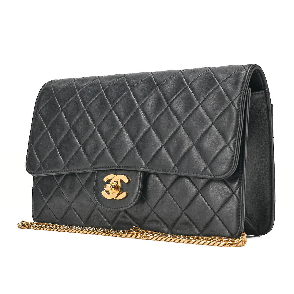 CHANEL Lambskin Matelasse 25cm Single Flap Grain Chain Shoulder Black Gold-Tone Hardware, Pre-Owned