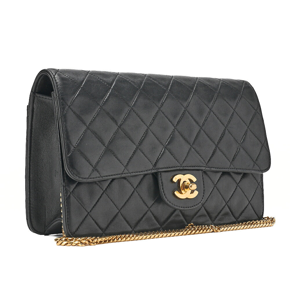 CHANEL Lambskin Matelasse 25cm Single Flap Grain Chain Shoulder Black Gold-Tone Hardware, Pre-Owned