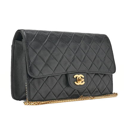CHANEL Lambskin Matelasse 25cm Single Flap Grain Chain Shoulder Black Gold-Tone Hardware, Pre-Owned