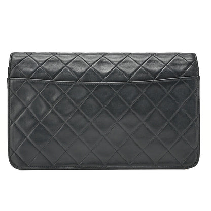 CHANEL Lambskin Matelasse 25cm Single Flap Grain Chain Shoulder Black Gold-Tone Hardware, Pre-Owned