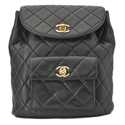 CHANEL Chanel Matelasse Double Turn Lock Chain Backpack Lambskin Black Gold-Tone Hardware, Pre-Owned