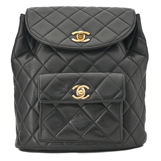 CHANEL Chanel Matelasse Double Turn Lock Chain Backpack Lambskin Black Gold-Tone Hardware, Pre-Owned