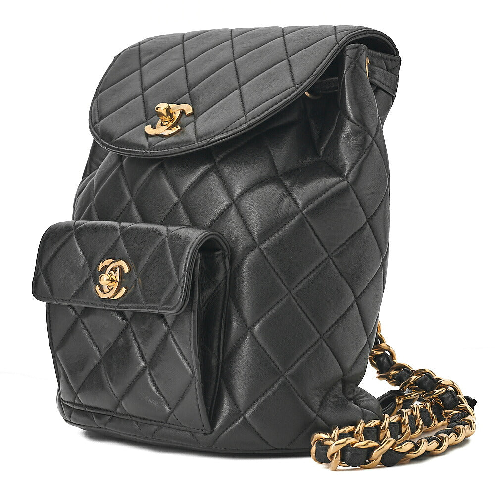 CHANEL Chanel Matelasse Double Turn Lock Chain Backpack Lambskin Black Gold-Tone Hardware, Pre-Owned