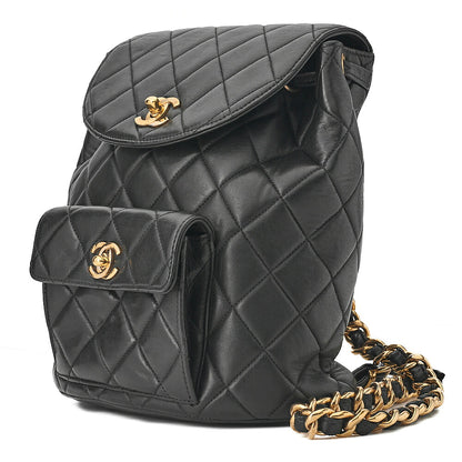 CHANEL Chanel Matelasse Double Turn Lock Chain Backpack Lambskin Black Gold-Tone Hardware, Pre-Owned