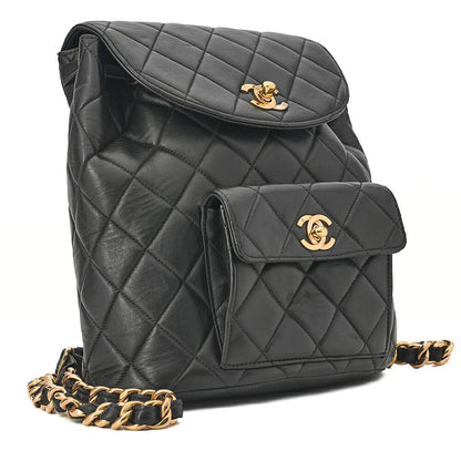 CHANEL Chanel Matelasse Double Turn Lock Chain Backpack Lambskin Black Gold-Tone Hardware, Pre-Owned