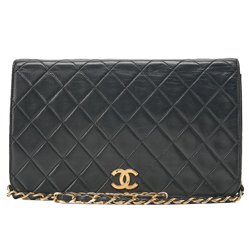 CHANEL Lambskin Matelasse Full Flap 23cm Push Lock Chain Shoulder Black Gold-Tone Hardware, Pre-Owned