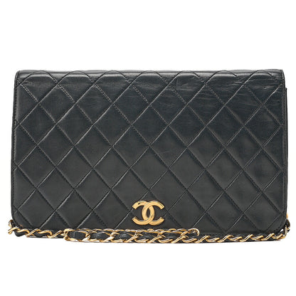 CHANEL Lambskin Matelasse Full Flap 23cm Push Lock Chain Shoulder Black Gold-Tone Hardware, Pre-Owned