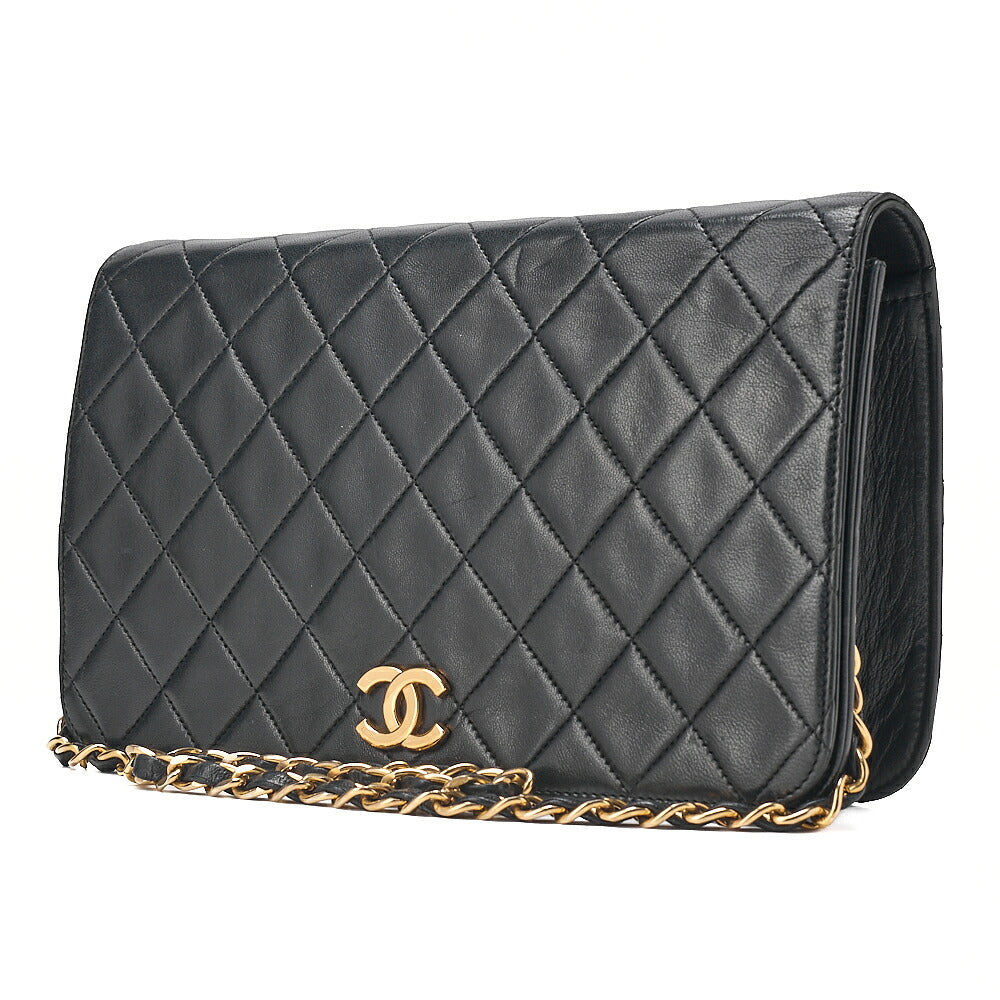 CHANEL Lambskin Matelasse Full Flap 23cm Push Lock Chain Shoulder Black Gold-Tone Hardware, Pre-Owned