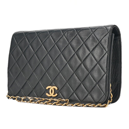 CHANEL Lambskin Matelasse Full Flap 23cm Push Lock Chain Shoulder Black Gold-Tone Hardware, Pre-Owned