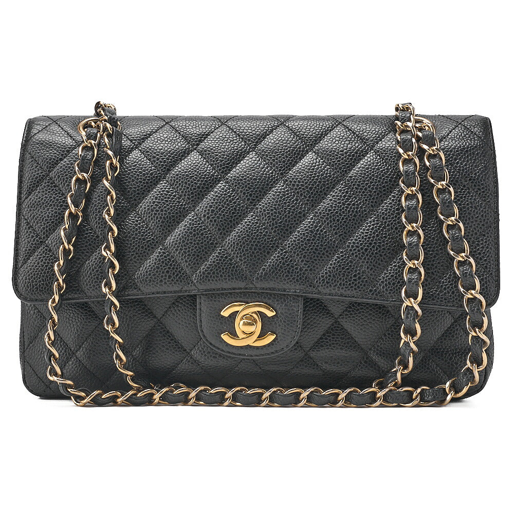 CHANEL Caviar Skin Matelasse 25cm Double Flap Chain Shoulder Black Gold-Tone Hardware, Pre-Owned