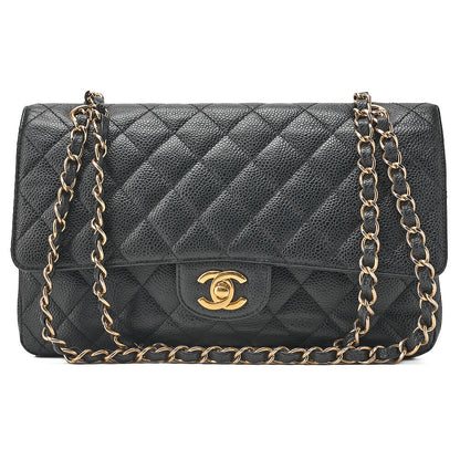 CHANEL Caviar Skin Matelasse 25cm Double Flap Chain Shoulder Black Gold-Tone Hardware, Pre-Owned