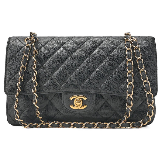 CHANEL Caviar Skin Matelasse 25cm Double Flap Chain Shoulder Black Gold-Tone Hardware, Pre-Owned