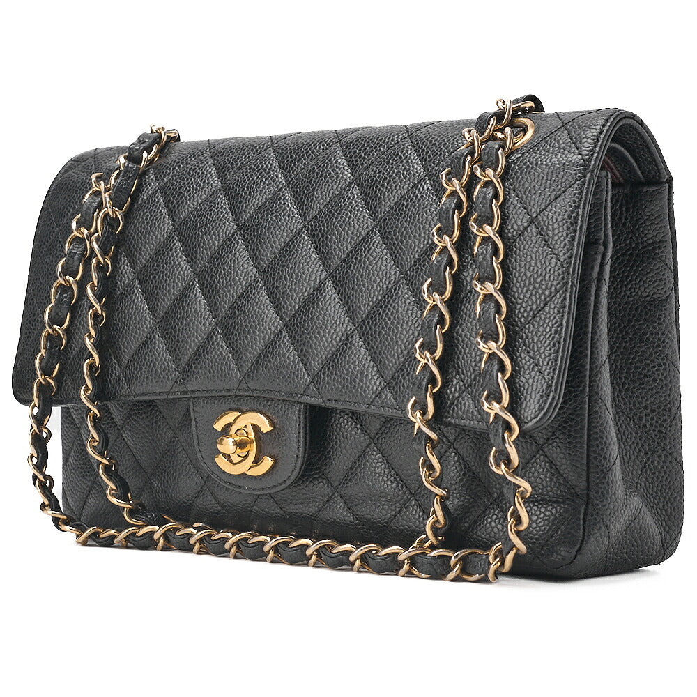 CHANEL Caviar Skin Matelasse 25cm Double Flap Chain Shoulder Black Gold-Tone Hardware, Pre-Owned