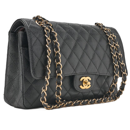 CHANEL Caviar Skin Matelasse 25cm Double Flap Chain Shoulder Black Gold-Tone Hardware, Pre-Owned