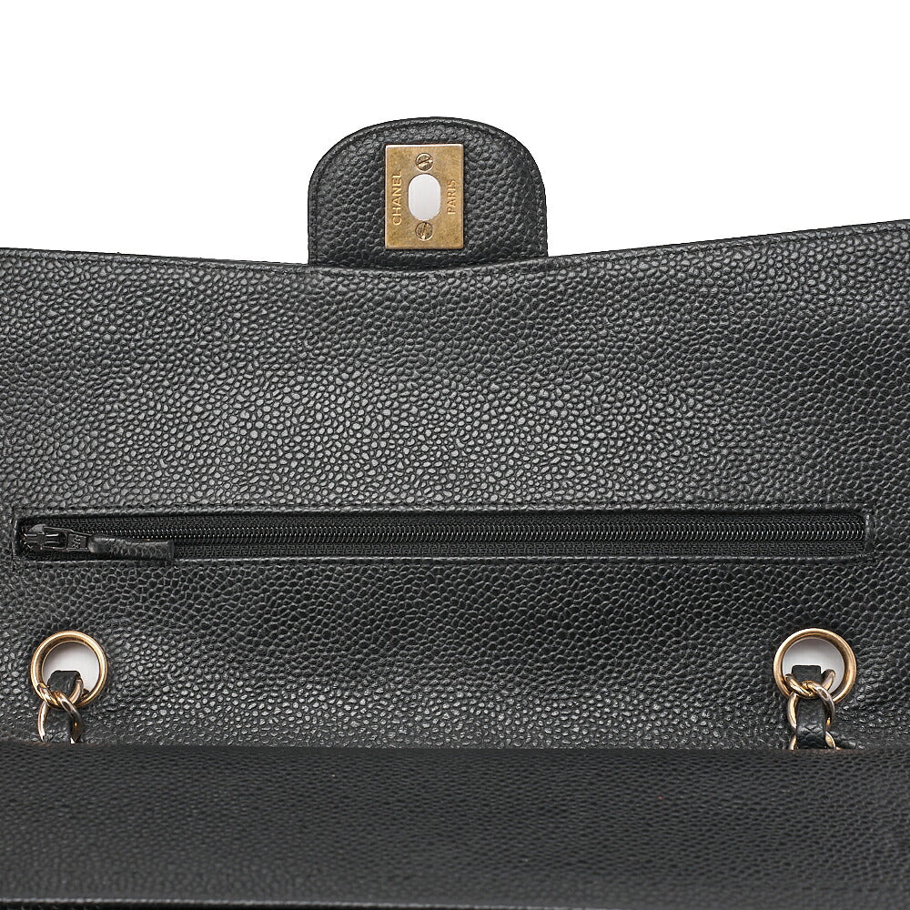CHANEL Caviar Skin Matelasse 25cm Double Flap Chain Shoulder Black Gold-Tone Hardware, Pre-Owned