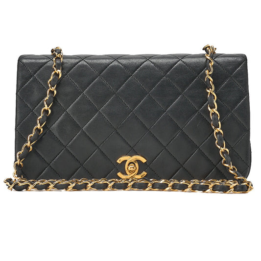 CHANEL Lambskin Matelasse Full Flap 23cm Chain Shoulder Black Gold-Tone Hardware, Pre-Owned