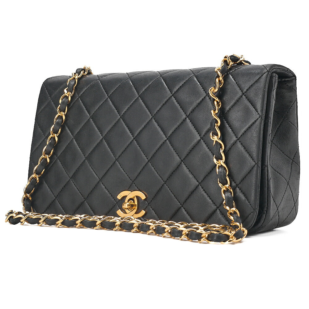 CHANEL Lambskin Matelasse Full Flap 23cm Chain Shoulder Black Gold-Tone Hardware, Pre-Owned