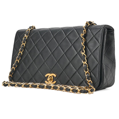 CHANEL Lambskin Matelasse Full Flap 23cm Chain Shoulder Black Gold-Tone Hardware, Pre-Owned