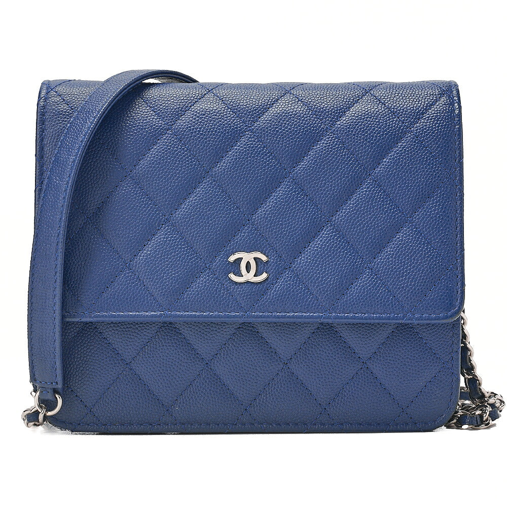 CHANEL Caviar Skin Matelasse Chain Wallet Navy Silver-Tone Hardware, Pre-Owned