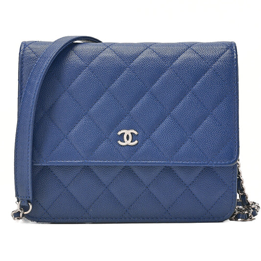 CHANEL Caviar Skin Matelasse Chain Wallet Navy Silver-Tone Hardware, Pre-Owned
