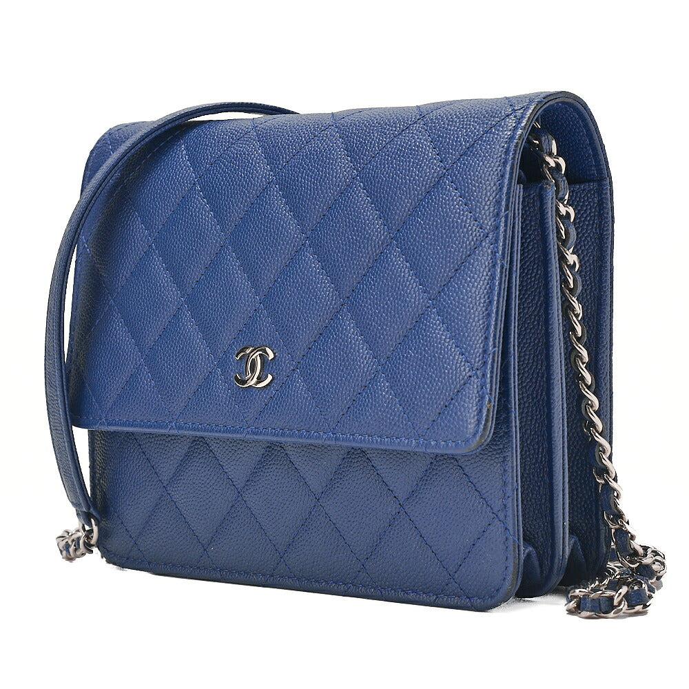 CHANEL Caviar Skin Matelasse Chain Wallet Navy Silver-Tone Hardware, Pre-Owned