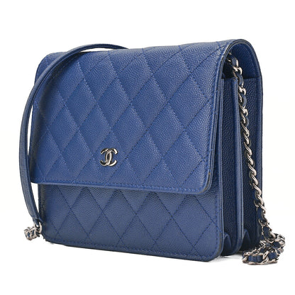 CHANEL Caviar Skin Matelasse Chain Wallet Navy Silver-Tone Hardware, Pre-Owned
