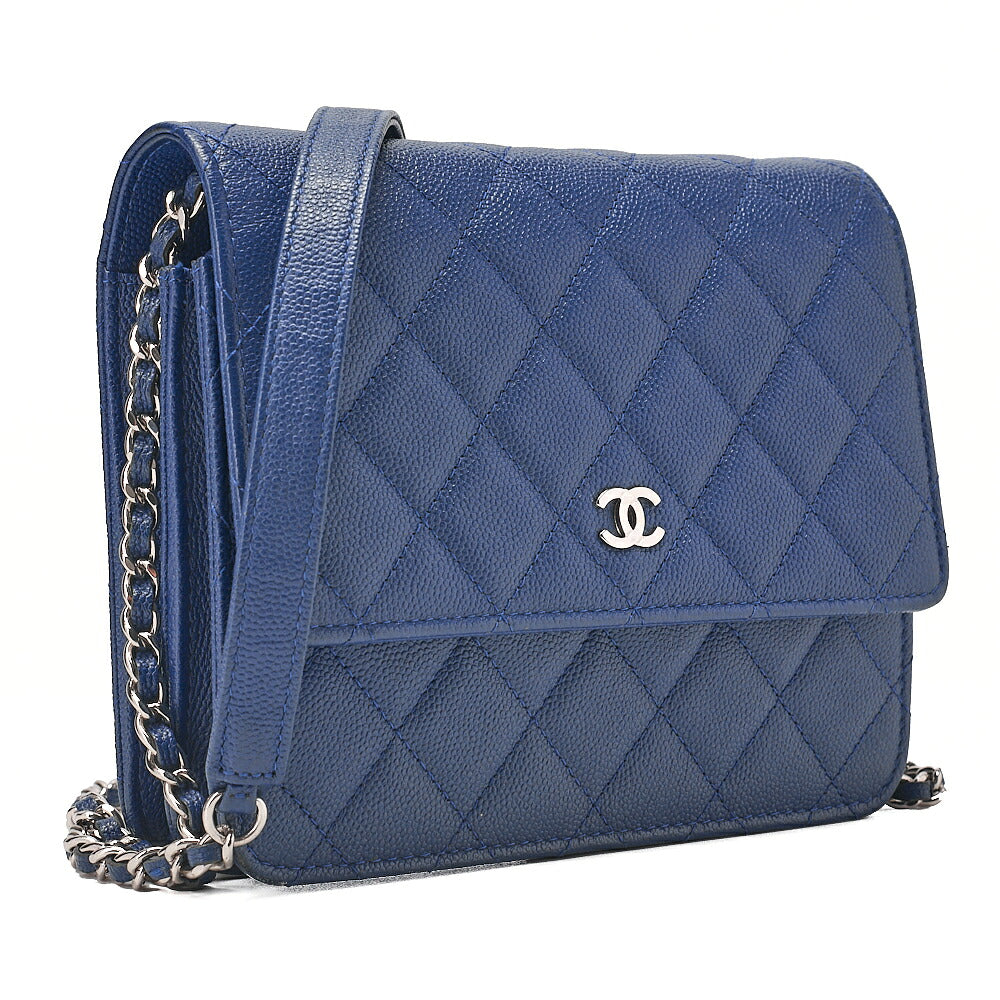 CHANEL Caviar Skin Matelasse Chain Wallet Navy Silver-Tone Hardware, Pre-Owned