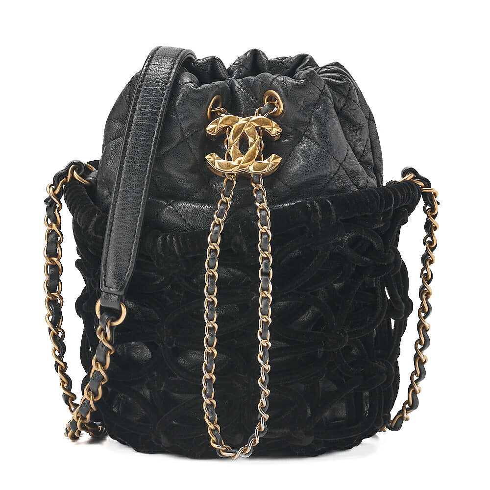 CHANEL Lambskin x Perois with Charm Drawstring Style Chain Shoulder Black Gold-Tone Hardware, Pre-Owned